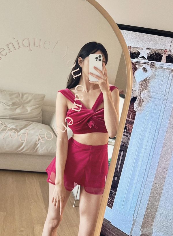 韓國Lenique - Two Shoulder Ribbon鋼管上衣+短褲 (Hot Pink) 