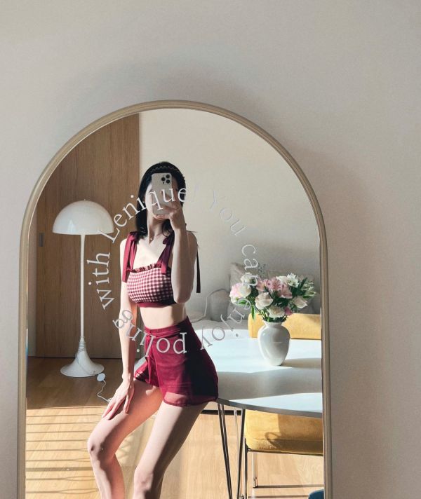 韓國Lenique - Roren Check鋼管上衣+短褲 (Wine) 