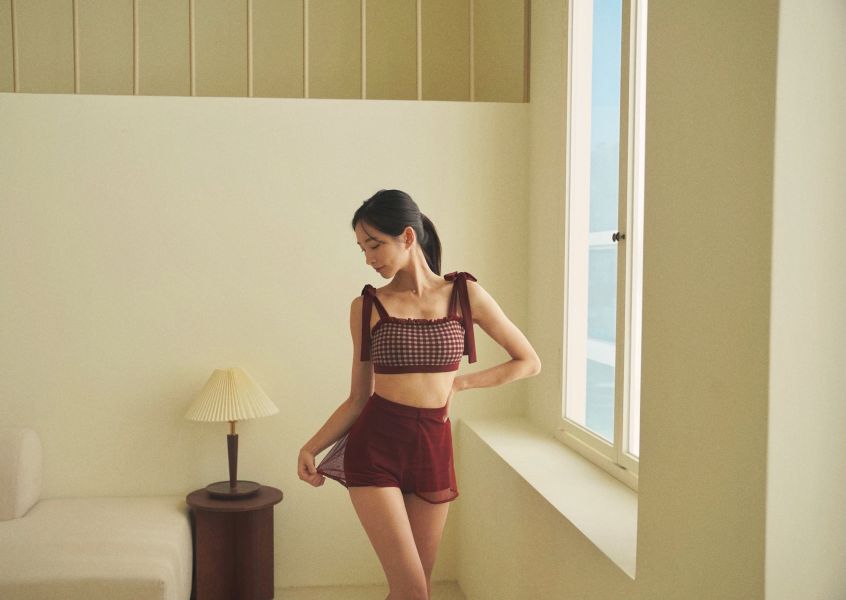 韓國Lenique - Roren Check鋼管上衣+短褲 (Wine) 