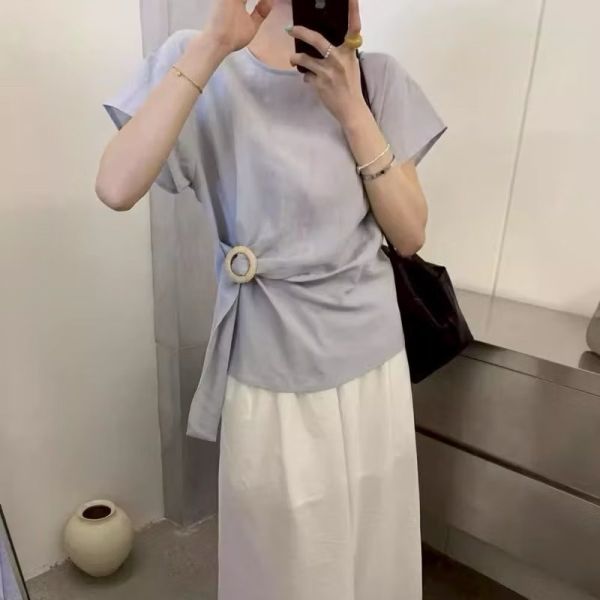 腰間穿繩袖拼接剪裁造型、棉麻上衣 腰間穿繩袖拼接剪裁造型、棉麻上衣