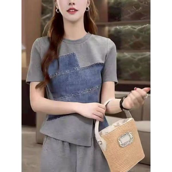 牛仔拼接側岔T 牛仔拼接側岔T