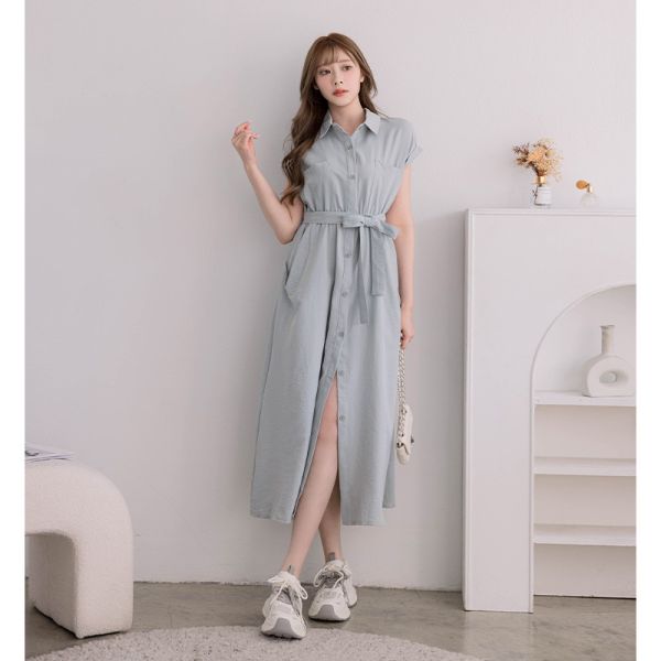 腰綁帶襯衫長洋裝 湖水綠色 長洋裝