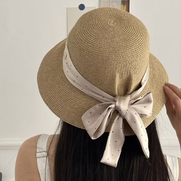 2025新款日系波點蝴蝶結後褶皺草帽 2025新款日系波點蝴蝶結後褶皺草帽