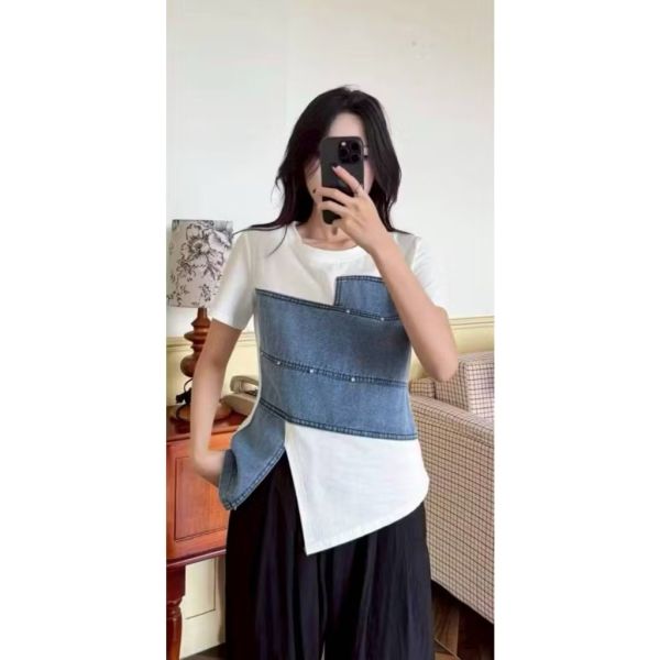 牛仔拼接側岔T 牛仔拼接側岔T