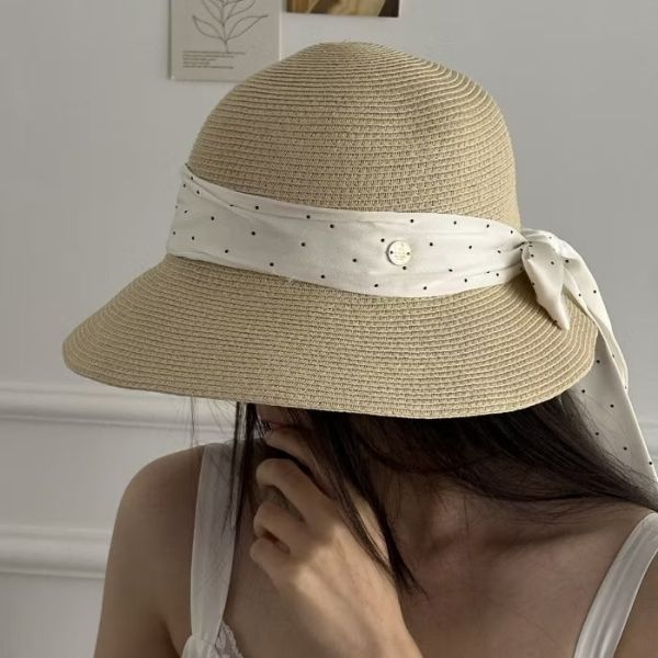 2025新款日系波點蝴蝶結後褶皺草帽 2025新款日系波點蝴蝶結後褶皺草帽
