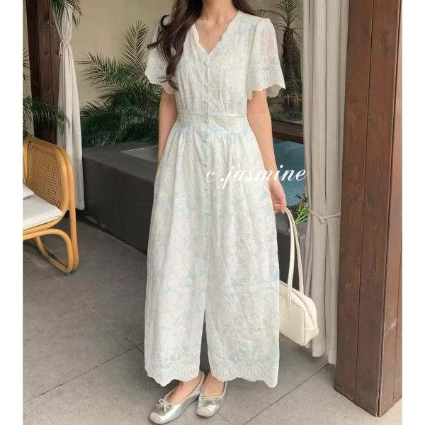 雪紡紗 刺繡短袖長洋裝 長洋裝