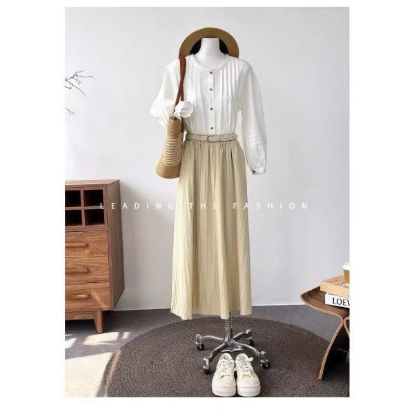 夏季新款超涼感簡約長裙配腰帶 有口袋 女式長裙配腰帶