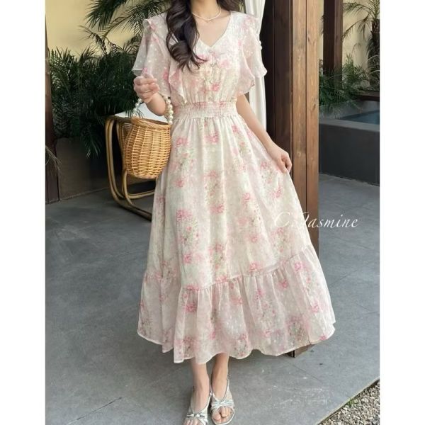 雪紡荷葉袖貓眼釦 鬆緊腰長洋裝 長洋裝