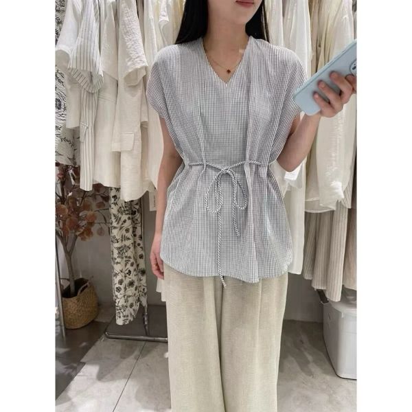 韓系簡約腰穿繩繫帶設計微袖涼爽棉麻上衣 韓系簡約腰穿繩繫帶設計微袖涼爽棉麻上衣