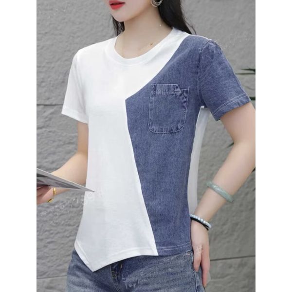 簡約氣質牛仔不規則拼接柔棉上衣 牛仔不規則拼接柔棉上衣 設計感 新款 質感 百搭 穿搭 女裝