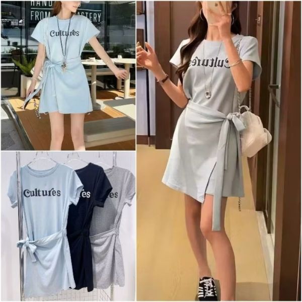 彈力涼感棉質側綁帶假兩件字母中長版上衣 假兩件短洋裝