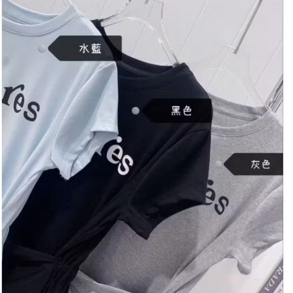 彈力涼感棉質側綁帶假兩件字母中長版上衣 假兩件短洋裝