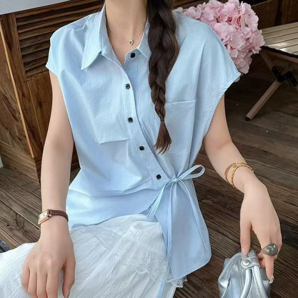 設計款顯瘦短袖氣質襯衫小眾收腰襯衣 設計顯瘦短袖氣質襯衫夏季新款感小眾收腰襯衣抽繩大碼上衣