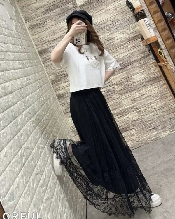 鬆緊帶彈性絲綢百褶網紗下蕾絲半身裙長裙 鬆緊帶彈性絲綢百褶網紗下蕾絲半身裙長裙