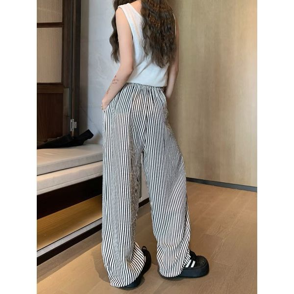 高腰垂墜感條紋顯瘦長褲 顯瘦長褲 高腰長褲 條紋