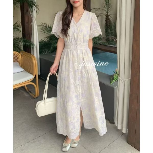 雪紡紗 刺繡短袖長洋裝 長洋裝