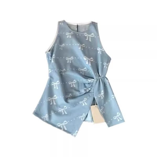 法式甜美風蝴蝶結無袖棉麻設計感開叉上衣 無袖棉麻設計感開叉上衣