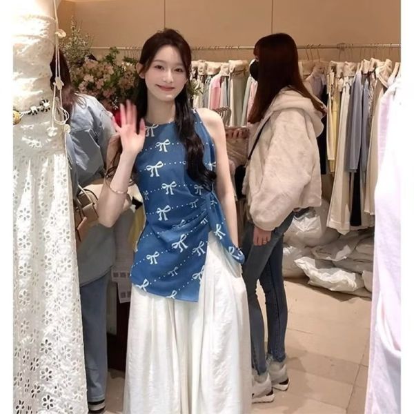 法式甜美風蝴蝶結無袖棉麻設計感開叉上衣 無袖棉麻設計感開叉上衣