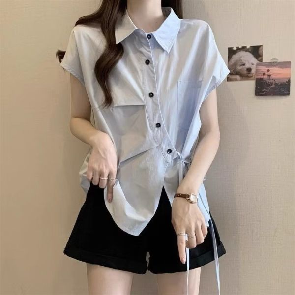 設計款顯瘦短袖氣質襯衫小眾收腰襯衣 設計顯瘦短袖氣質襯衫夏季新款感小眾收腰襯衣抽繩大碼上衣