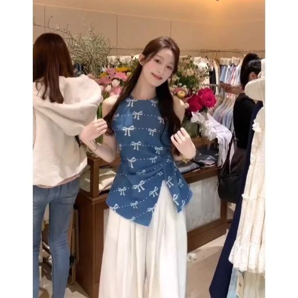 法式甜美風蝴蝶結無袖棉麻設計感開叉上衣 無袖棉麻設計感開叉上衣