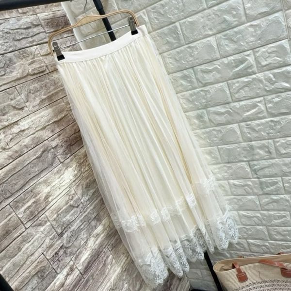 鬆緊帶彈性絲綢百褶網紗下蕾絲半身裙長裙 鬆緊帶彈性絲綢百褶網紗下蕾絲半身裙長裙