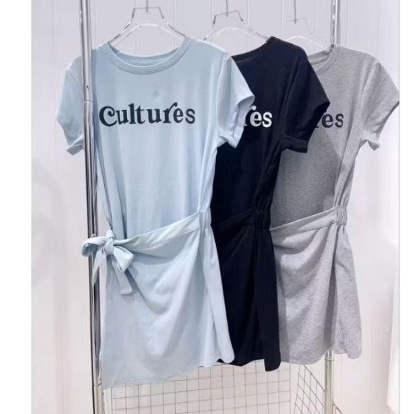 彈力涼感棉質側綁帶假兩件字母中長版上衣 假兩件短洋裝