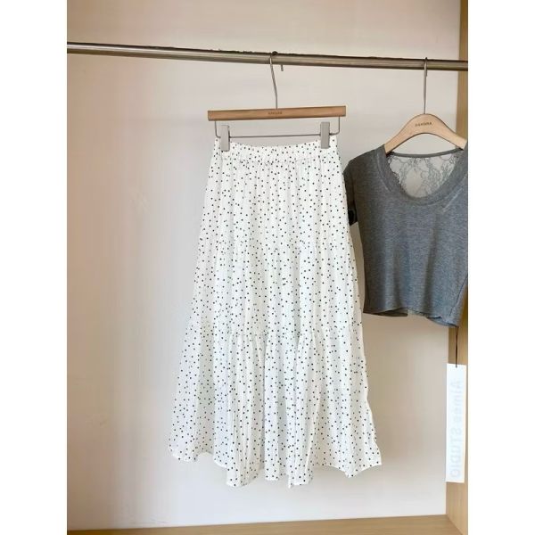 高腰圓點蛋糕裙 优选韓版高腰圓點蛋糕裙 垂感 顯瘦 長裙 蛋糕長裙 A字裙 半身裙 圓點裙 小個子長裙