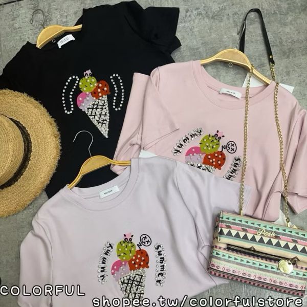 冰淇淋質感珍珠彩色棉T 冰淇淋質感珍珠彩色棉T