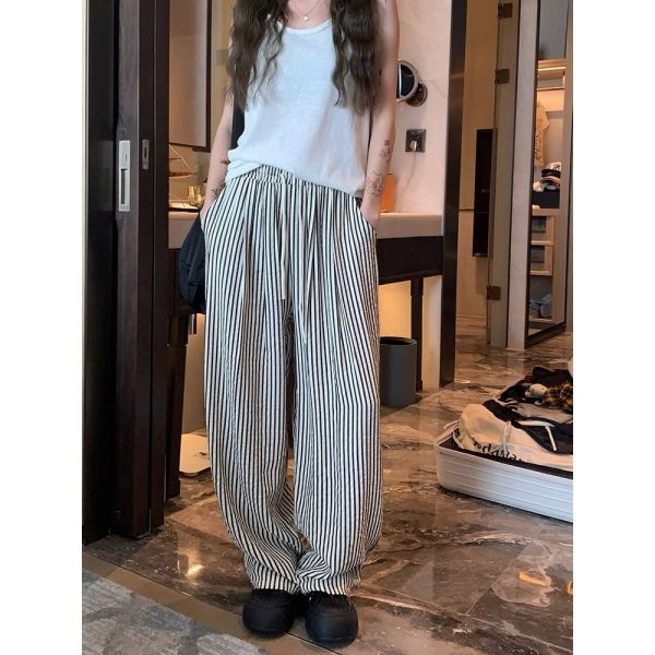 高腰垂墜感條紋顯瘦長褲 顯瘦長褲 高腰長褲 條紋