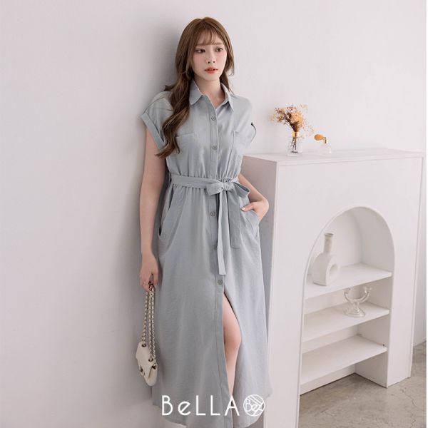 腰綁帶襯衫長洋裝 湖水綠色 長洋裝