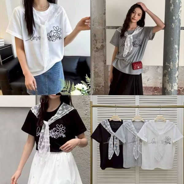 蕾絲領巾繡花T（現貨灰） 蕾絲領巾繡花T