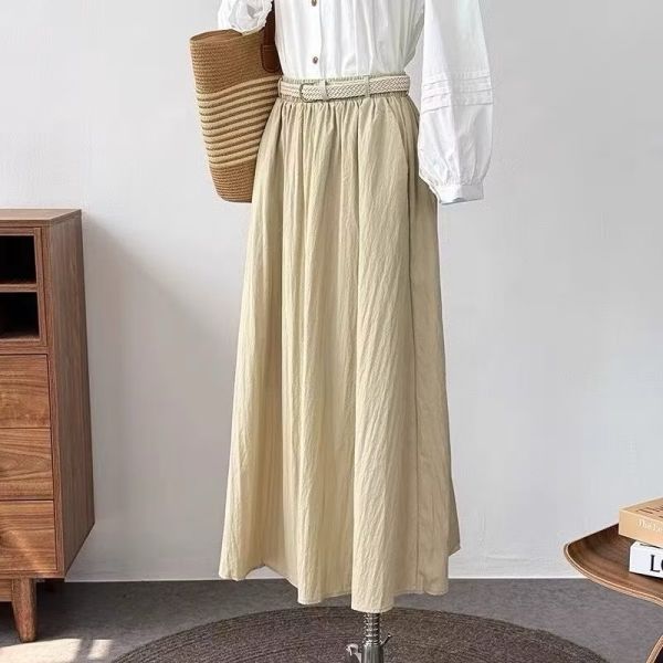 夏季新款超涼感簡約長裙配腰帶 有口袋 女式長裙配腰帶