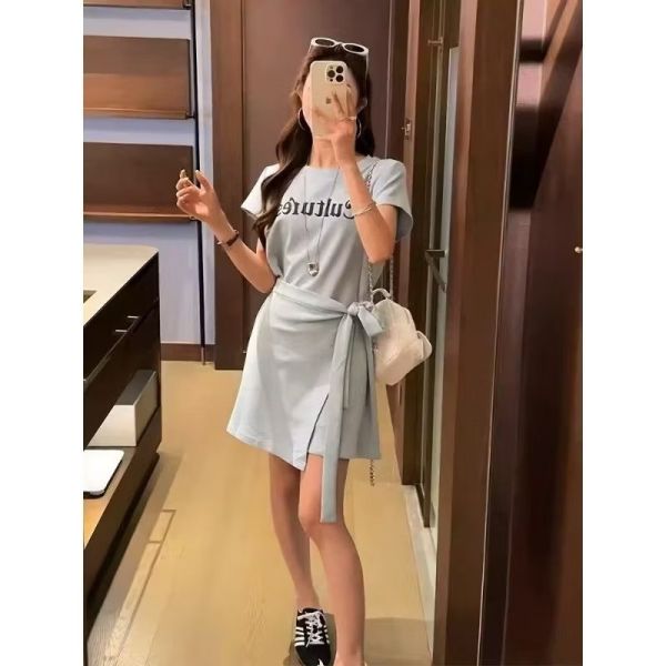 彈力涼感棉質側綁帶假兩件字母中長版上衣 假兩件短洋裝