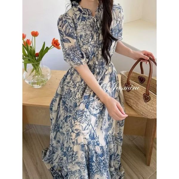 復古圖騰鬆緊腰綁帶長洋裝 鬆緊腰綁帶長洋裝