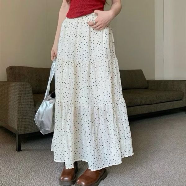 高腰圓點蛋糕裙 优选韓版高腰圓點蛋糕裙 垂感 顯瘦 長裙 蛋糕長裙 A字裙 半身裙 圓點裙 小個子長裙