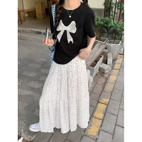 高腰圓點蛋糕裙 优选韓版高腰圓點蛋糕裙 垂感 顯瘦 長裙 蛋糕長裙 A字裙 半身裙 圓點裙 小個子長裙