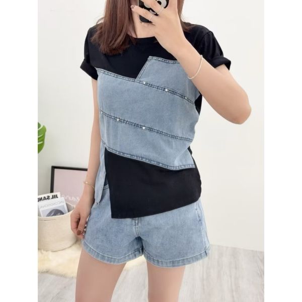 牛仔拼接側岔T 牛仔拼接側岔T