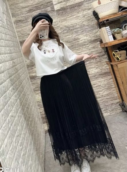 鬆緊帶彈性絲綢百褶網紗下蕾絲半身裙長裙 鬆緊帶彈性絲綢百褶網紗下蕾絲半身裙長裙