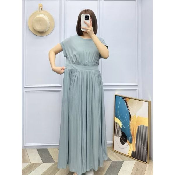 仙女專屬圓領細壓摺雪紡長洋 