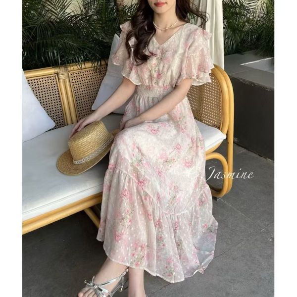 雪紡荷葉袖貓眼釦 鬆緊腰長洋裝 長洋裝