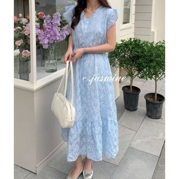 最美花色淡藍唯美繡花抽繩 口袋洋裝 最美花色淡藍唯美繡花抽繩 口袋洋裝