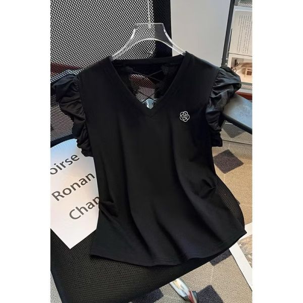 新款後背鏤空蕾絲拼接泡泡袖甜美上衣 新款後背鏤空蕾絲拼接泡泡袖甜美上衣