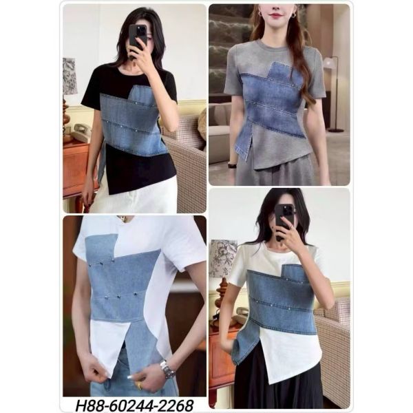 牛仔拼接側岔T 牛仔拼接側岔T