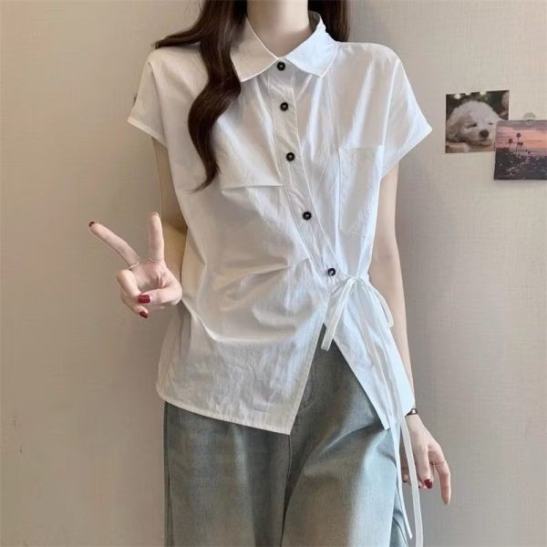 設計款顯瘦短袖氣質襯衫小眾收腰襯衣 設計顯瘦短袖氣質襯衫夏季新款感小眾收腰襯衣抽繩大碼上衣