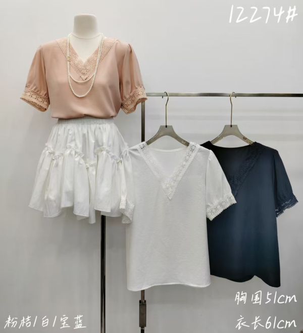 V領滾邊蕾絲超涼感雪紡上衣 V領滾邊蕾絲超涼感雪紡上衣