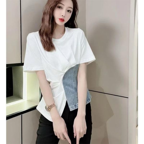 時髦拼接牛仔不規則短袖T恤 牛仔,短袖,T桖