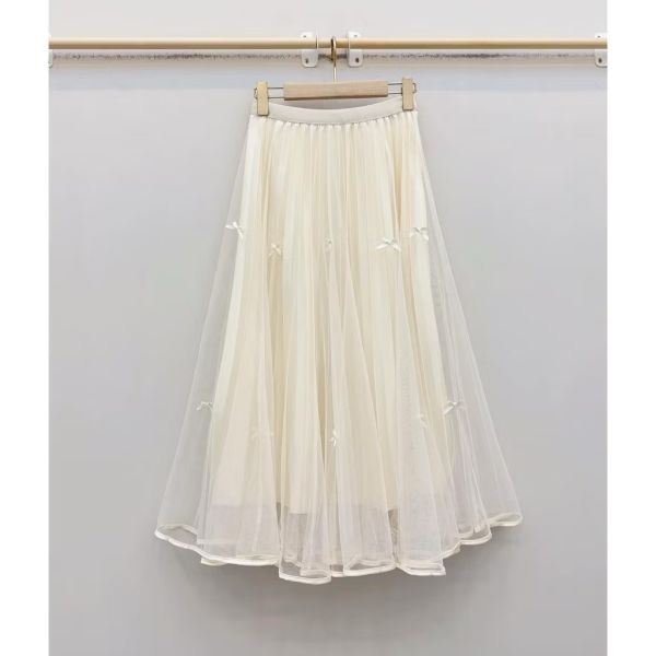 立體蝴蝶結網紗百褶裙 垂墜感紗裙 立體蝴蝶結網紗百褶裙 垂墜感紗裙