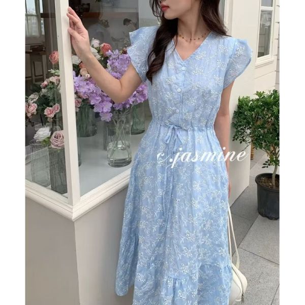 最美花色淡藍唯美繡花抽繩 口袋洋裝 最美花色淡藍唯美繡花抽繩 口袋洋裝