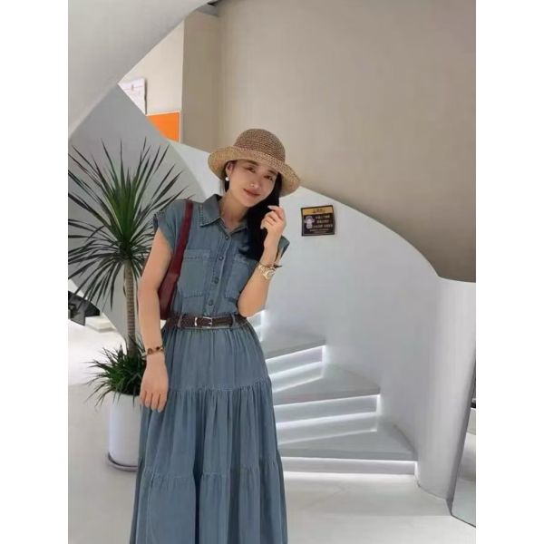 連袖設計天絲牛仔長洋 現貨/連袖設計天絲牛仔長洋 *附編織皮帶 長洋裝 藍色洋裝