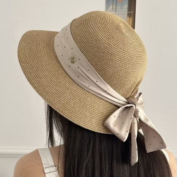 2025新款日系波點蝴蝶結後褶皺草帽 2025新款日系波點蝴蝶結後褶皺草帽